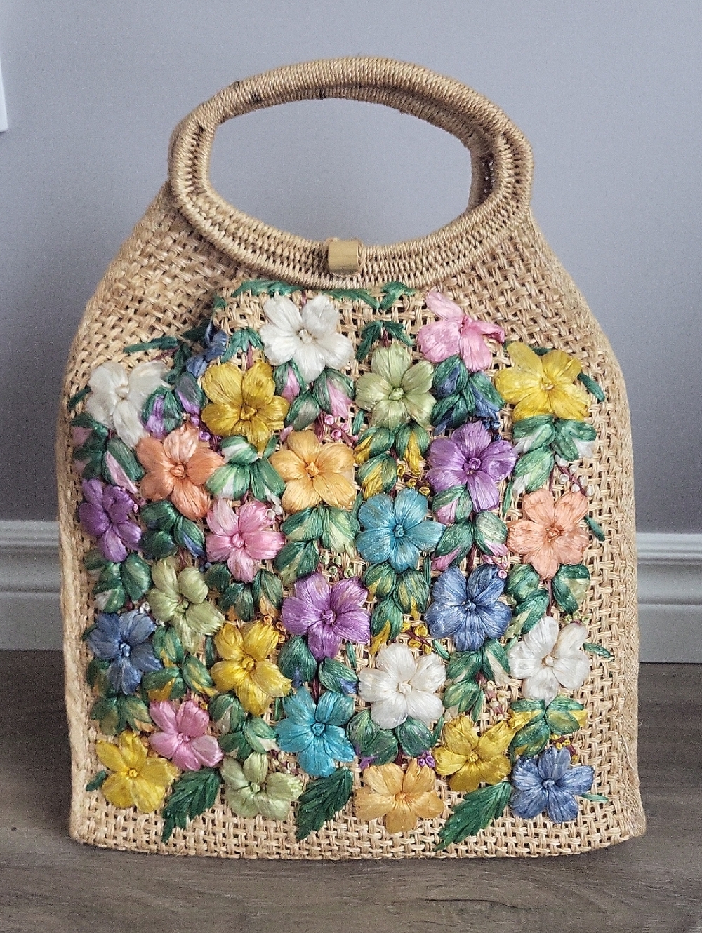 Vintage Woven Raffia Tote with 3D Floral Appliqué | Artisan Boho Bag